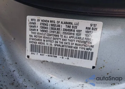 2007 Honda Odyssey Ex-L z USA, uszkodzony, nr VIN 5FNRL387X7B081408